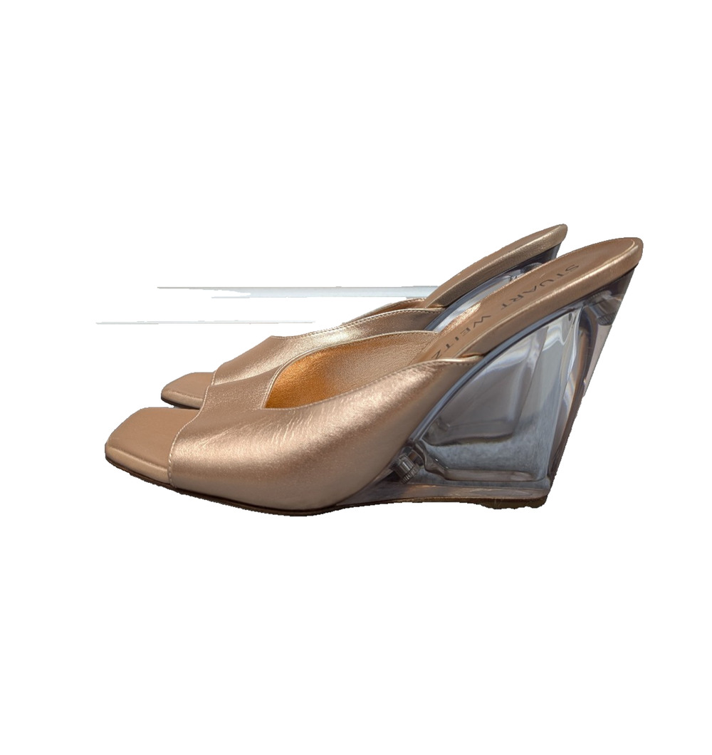 Stuart Weitzman Tia 100 Lucite Wedge Womens 8.5B Rose Gold Glam Square Toe Event